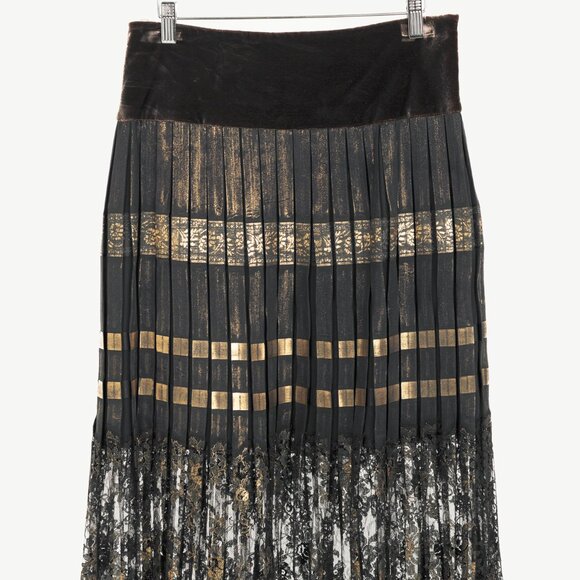 Jean Paul Gaultier Black Silk Gold-Foil Pleated Lace-Hem Midi Skirt - Picture 1 of 13